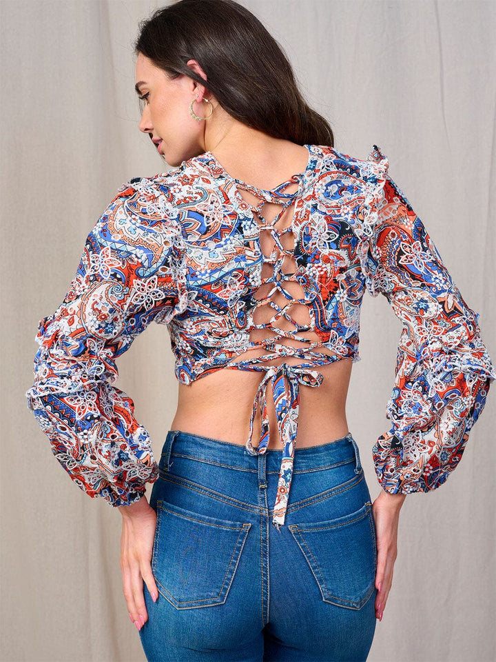 WOMEN'S LONG SLEEVE OPEN BACK V-NECK RUFFLE FLORAL CROP TOP