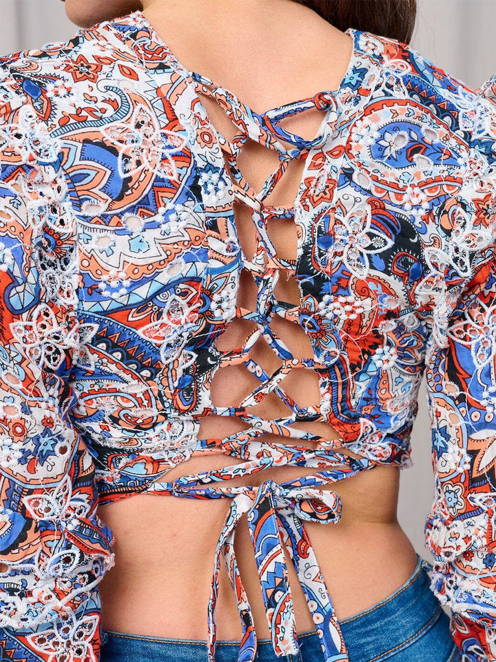 WOMEN'S LONG SLEEVE OPEN BACK V-NECK RUFFLE FLORAL CROP TOP