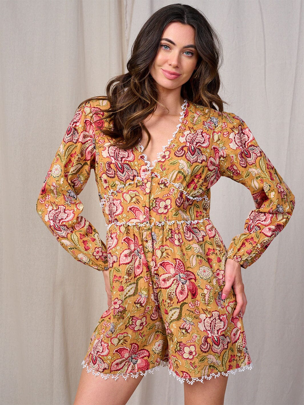 WOMEN'S LONG SLEEVE BUTTON UP FRONT POCKETS FLORAL ROMPER