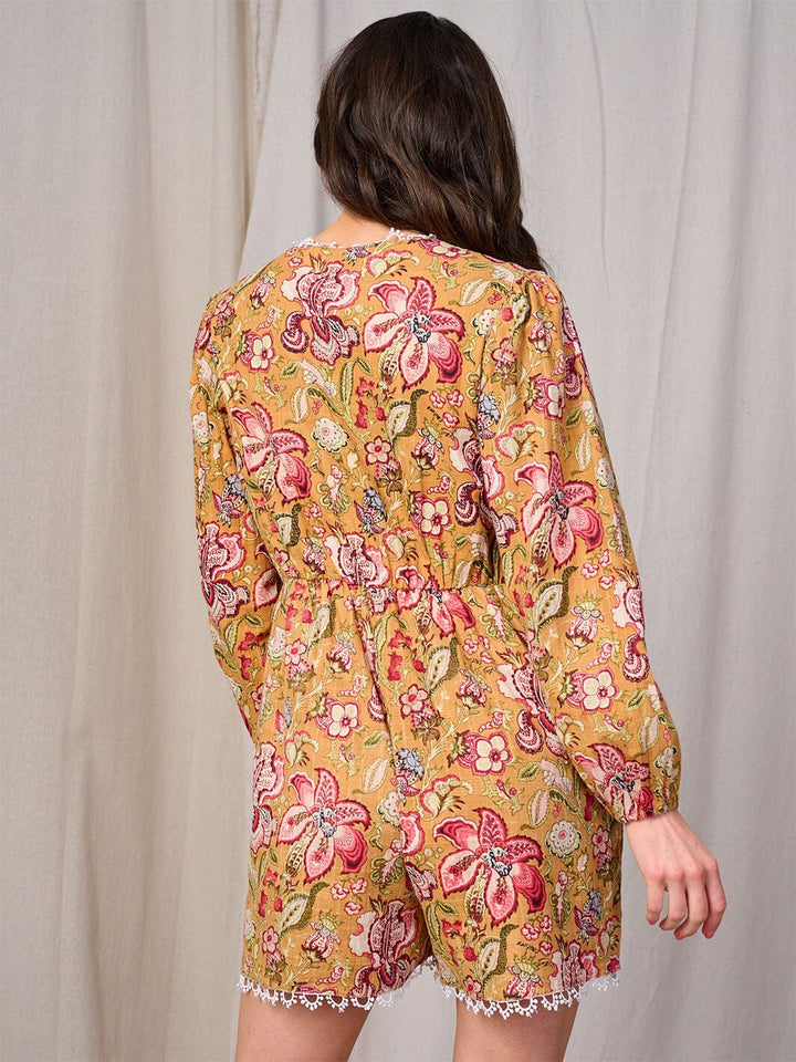 WOMEN'S LONG SLEEVE BUTTON UP FRONT POCKETS FLORAL ROMPER