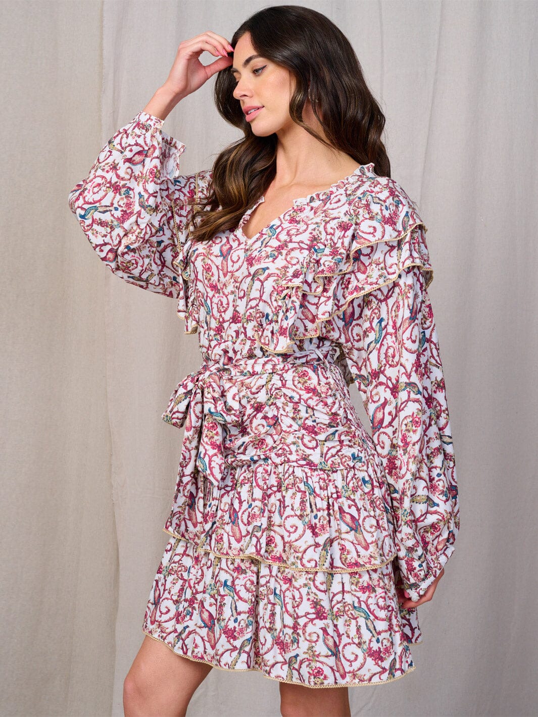 WOMEN'S LONG SLEEVE V-NECK SMOCK SELF TIE MULTI PRINT MINI DRESS