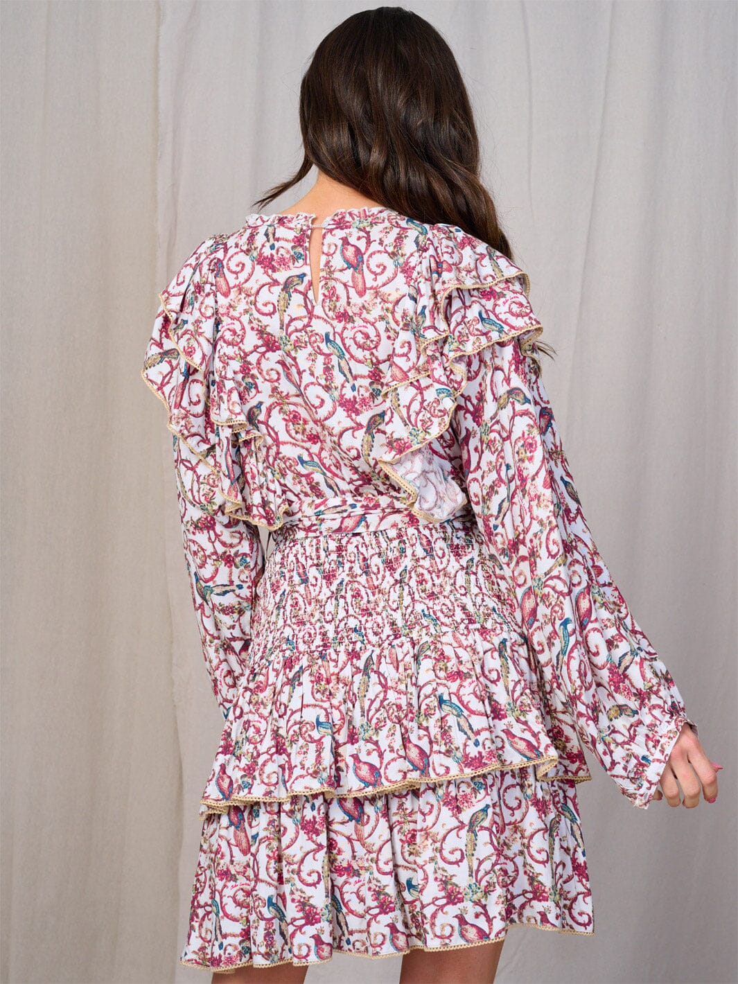 WOMEN'S LONG SLEEVE V-NECK SMOCK SELF TIE MULTI PRINT MINI DRESS