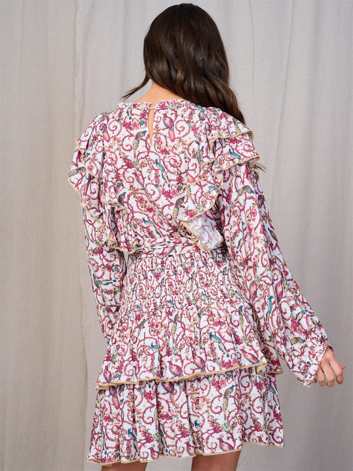 WOMEN'S LONG SLEEVE V-NECK SMOCK SELF TIE MULTI PRINT MINI DRESS