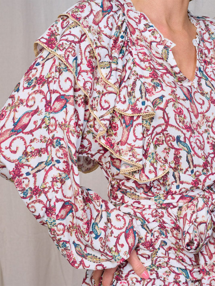 WOMEN'S LONG SLEEVE V-NECK SMOCK SELF TIE MULTI PRINT MINI DRESS