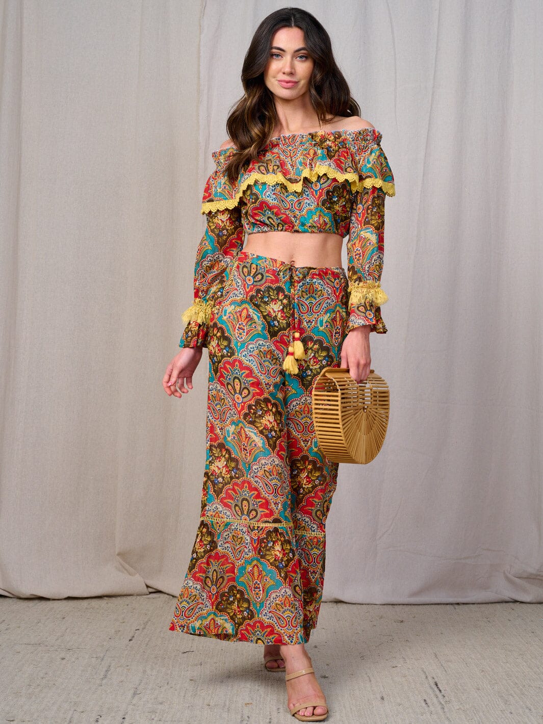 WOMEN'S LONG SLEEVES CROP TOP & BELL LEG PANTS MULTI PRINT 2PC. SET