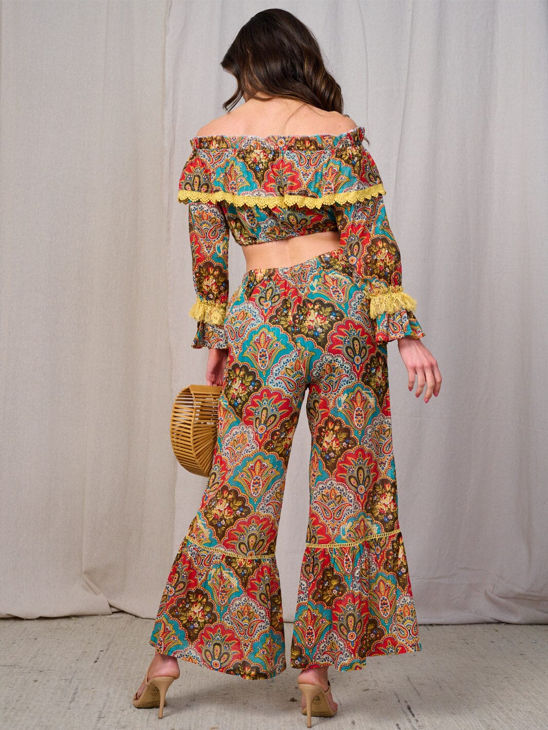 WOMEN'S LONG SLEEVES CROP TOP & BELL LEG PANTS MULTI PRINT 2PC. SET