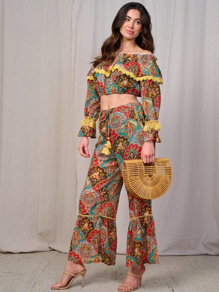 WOMEN'S LONG SLEEVES CROP TOP & BELL LEG PANTS MULTI PRINT 2PC. SET
