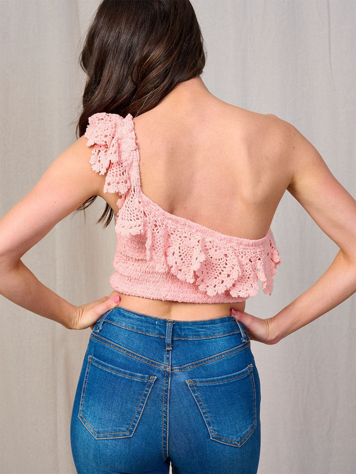 WOMEN'S ONE SHOULDER RUFFLE SMOCK CROCHET CROP TOP