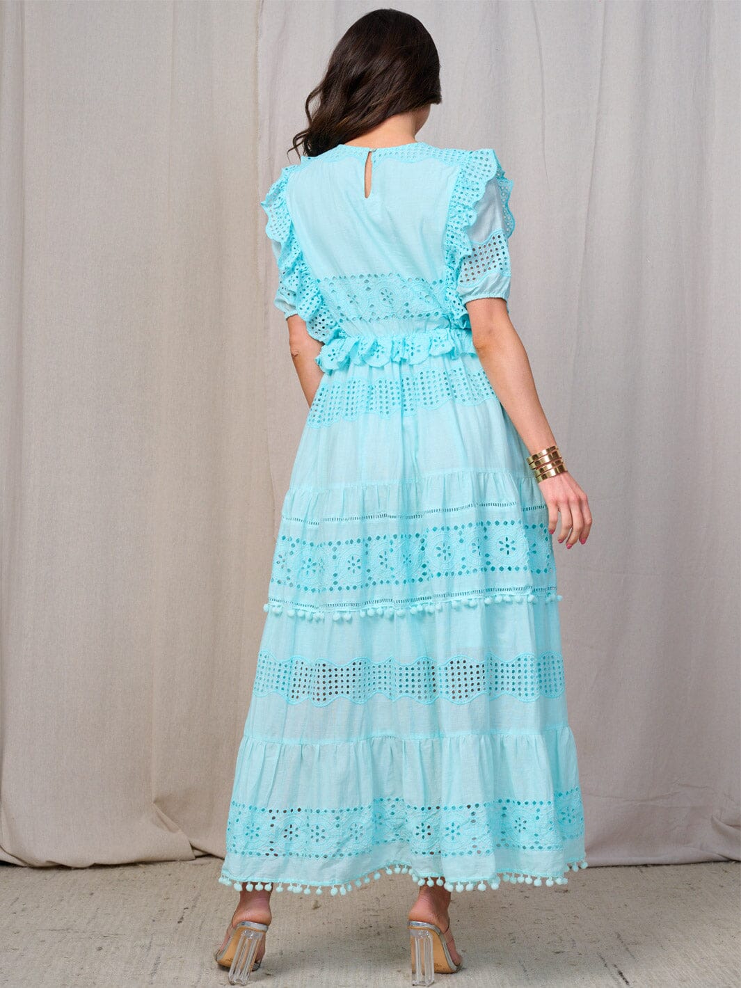 WOMEN'S SHORT SLEEVE RUFFLE EYLET TIERED MAXI DRESS