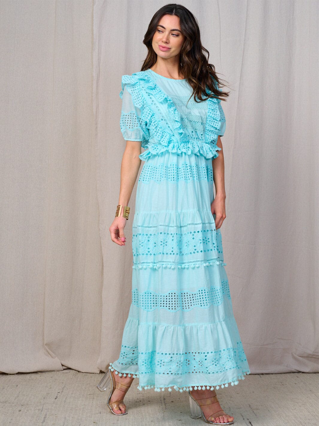 WOMEN'S SHORT SLEEVE RUFFLE EYLET TIERED MAXI DRESS