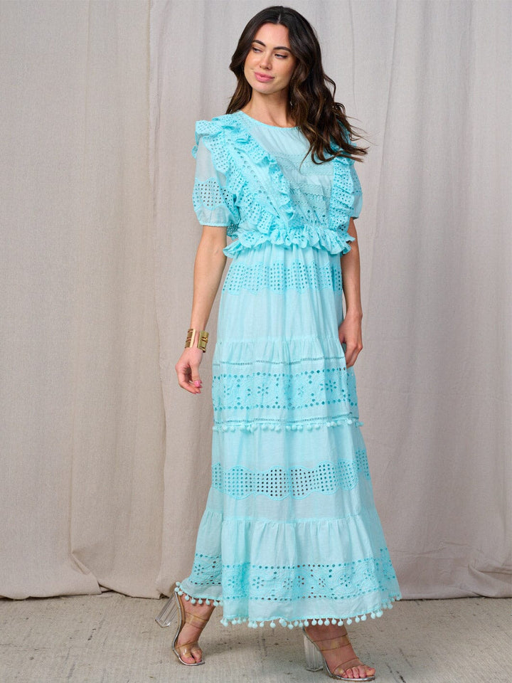 WOMEN'S SHORT SLEEVE RUFFLE EYLET TIERED MAXI DRESS