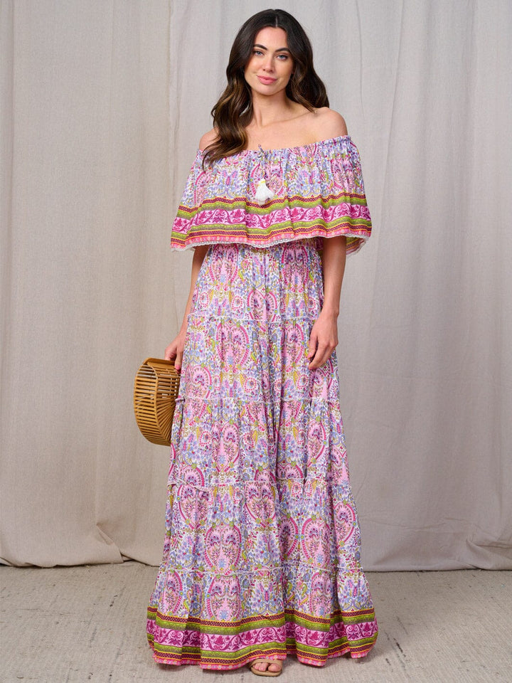 WOMEN'S OFF SHOULDER TIERED MULTI PRINT MAXI DRESS