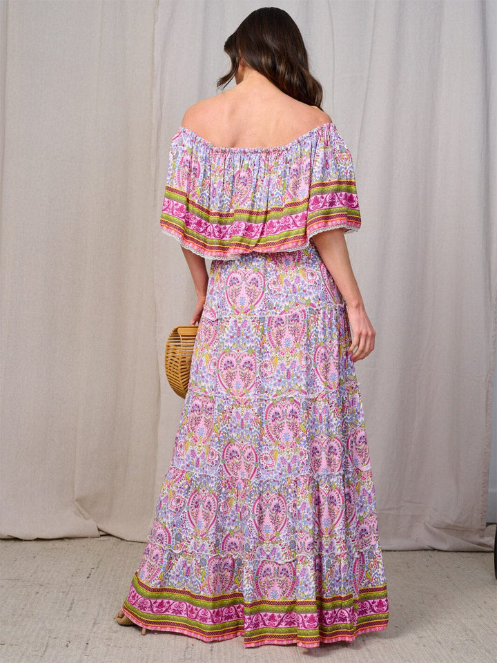 WOMEN'S OFF SHOULDER TIERED MULTI PRINT MAXI DRESS
