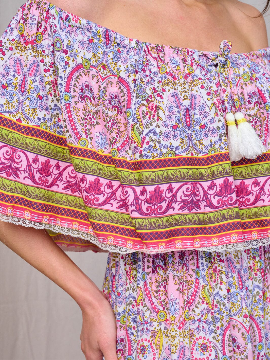 WOMEN'S OFF SHOULDER TIERED MULTI PRINT MAXI DRESS