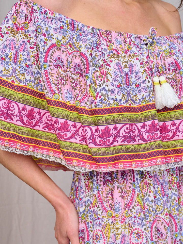 WOMEN'S OFF SHOULDER TIERED MULTI PRINT MAXI DRESS