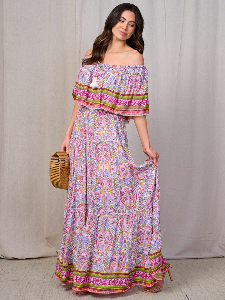 WOMEN'S OFF SHOULDER TIERED MULTI PRINT MAXI DRESS