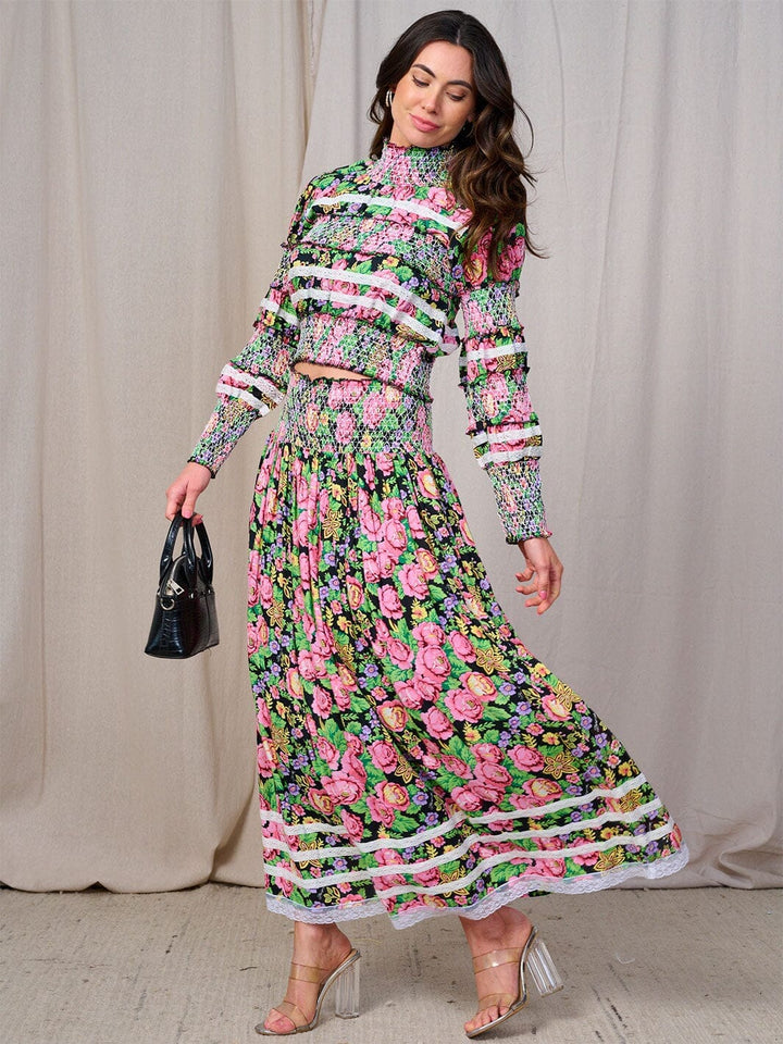 WOMEN'S LONG SLEEVES BLOUSE & MAXI SKIRT SMOCK FLORAL 2PC. SET