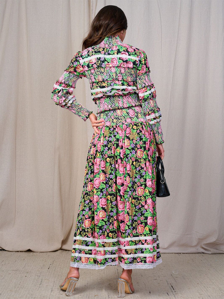 WOMEN'S LONG SLEEVES BLOUSE & MAXI SKIRT SMOCK FLORAL 2PC. SET