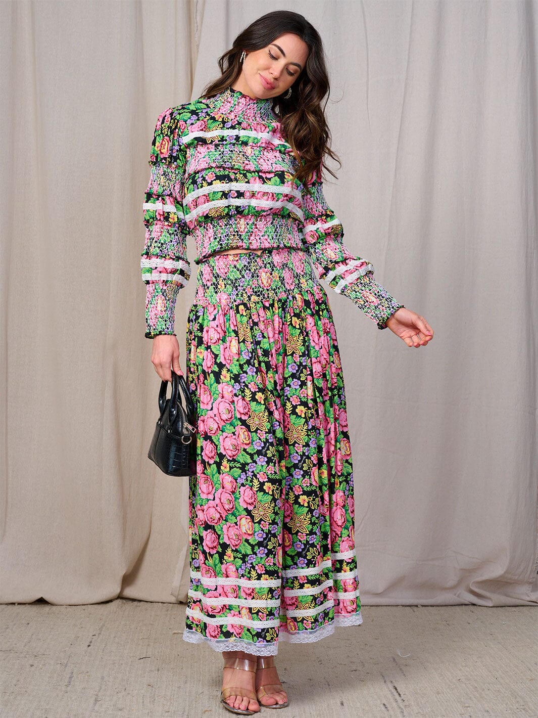 WOMEN'S LONG SLEEVES BLOUSE & MAXI SKIRT SMOCK FLORAL 2PC. SET
