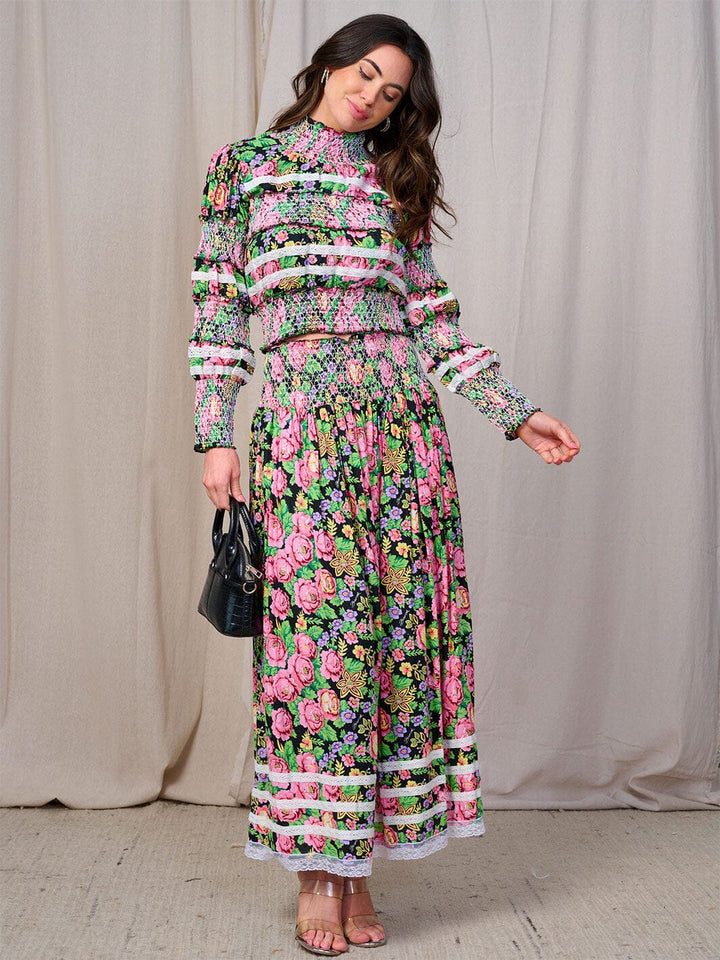 WOMEN'S LONG SLEEVES BLOUSE & MAXI SKIRT SMOCK FLORAL 2PC. SET
