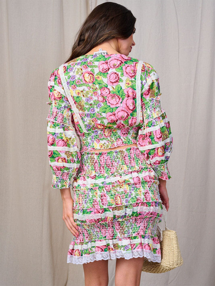 WOMEN'S LONG SLEEVES BLOUSE & MINI SKIRT SMOCK FLORAL 2PC. SET