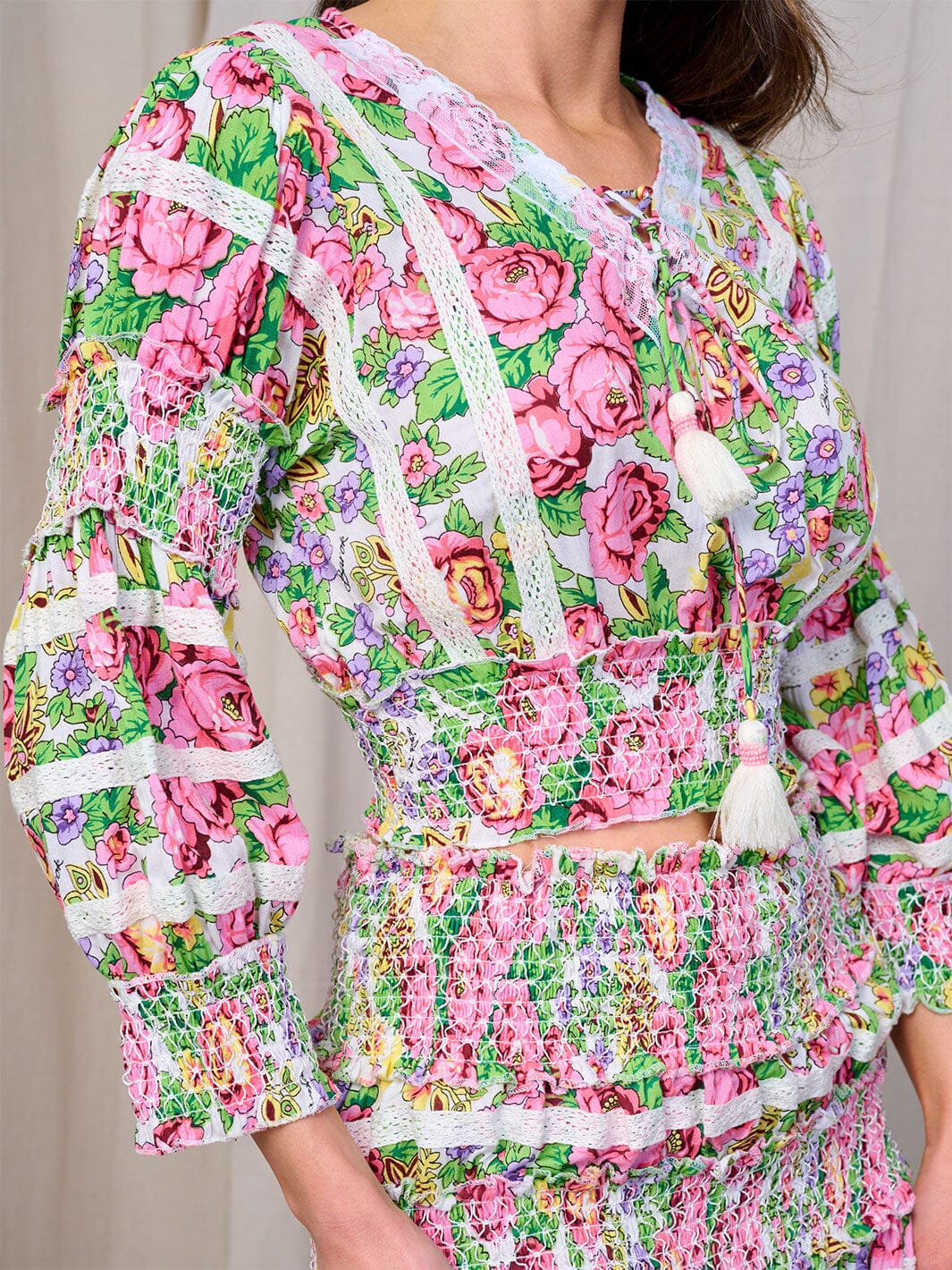 WOMEN'S LONG SLEEVES BLOUSE & MINI SKIRT SMOCK FLORAL 2PC. SET