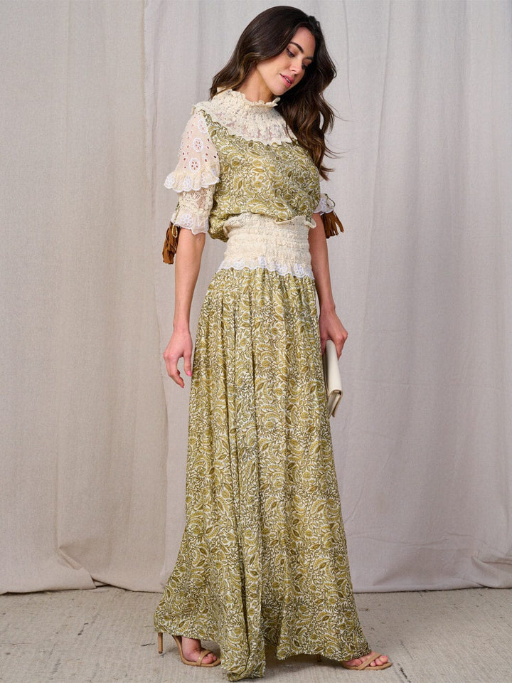 WOMEN'S SHORT SLEEVE RUFFLE LACE MOCK NECK OPEN BACK MAXI DRESS