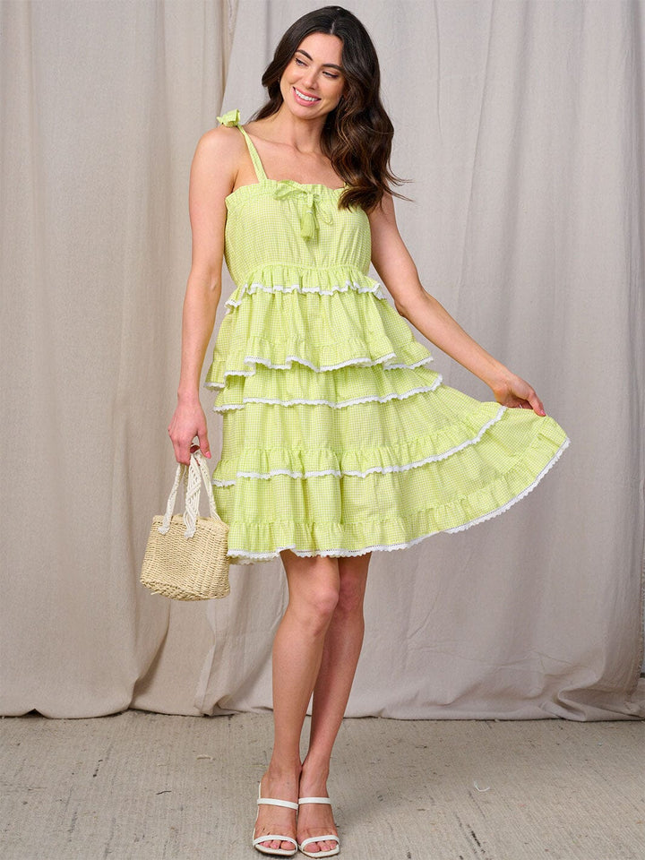 WOMEN'S SLEEVELESS RUFFLE TIERED PLAID MINI DRESS