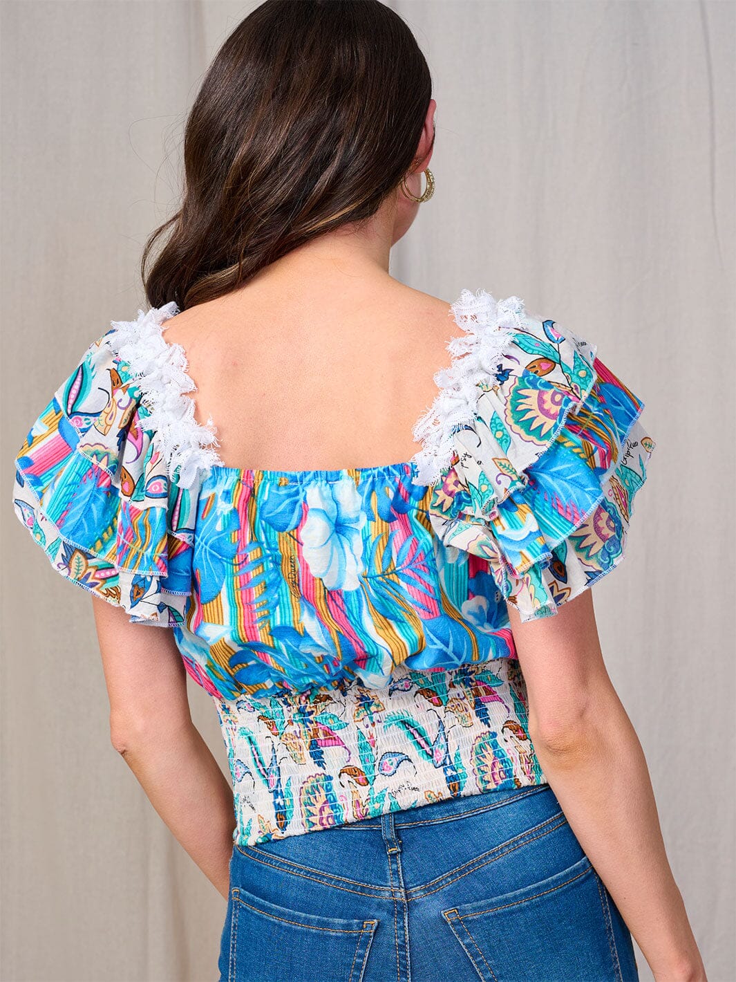 WOMEN'S SHORT RUFFLE SLEEVE SMOCK EMBROIDERY FLORAL TOP