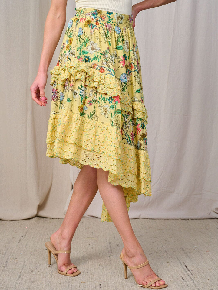 WOMEN'S ELASTIC WAIST HIGH-LOW FLORAL EYELET MIDI SKIRT