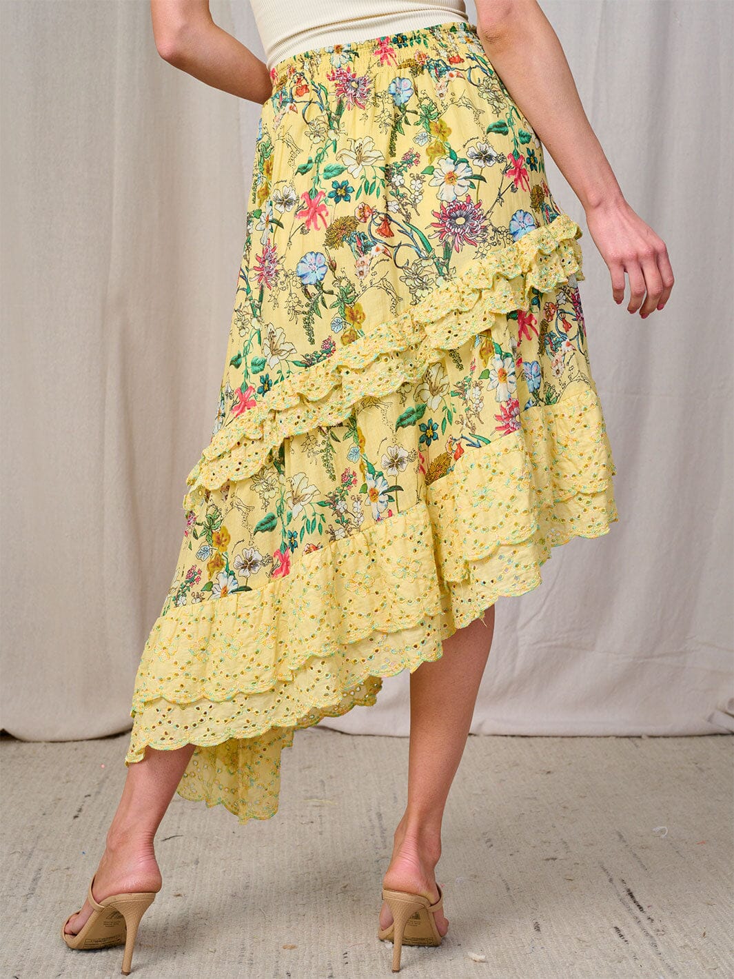WOMEN'S ELASTIC WAIST HIGH-LOW FLORAL EYELET MIDI SKIRT