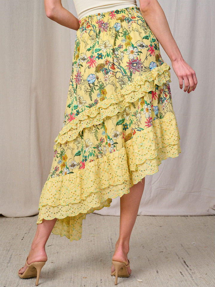 WOMEN'S ELASTIC WAIST HIGH-LOW FLORAL EYELET MIDI SKIRT