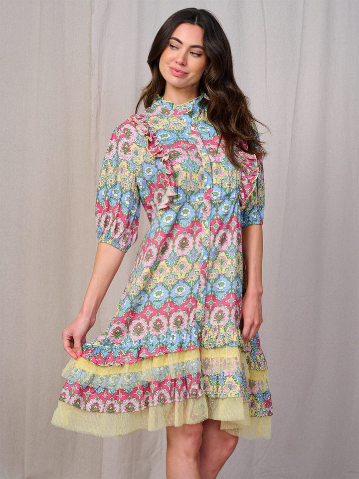 WOMEN'S SHORT SLEEVE BUTTON UP TIERED FLORAL MINI DRESS