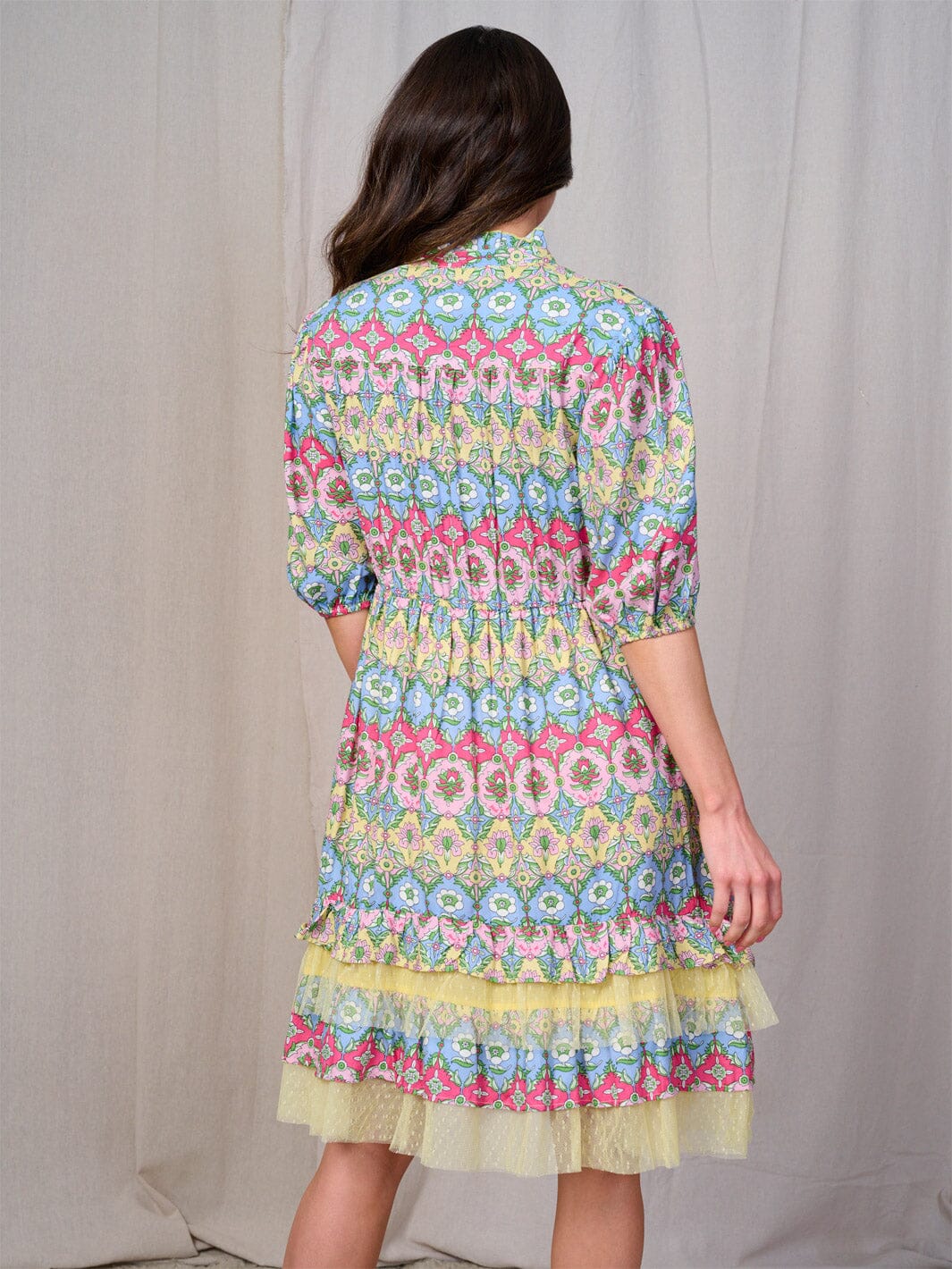 WOMEN'S SHORT SLEEVE BUTTON UP TIERED FLORAL MINI DRESS