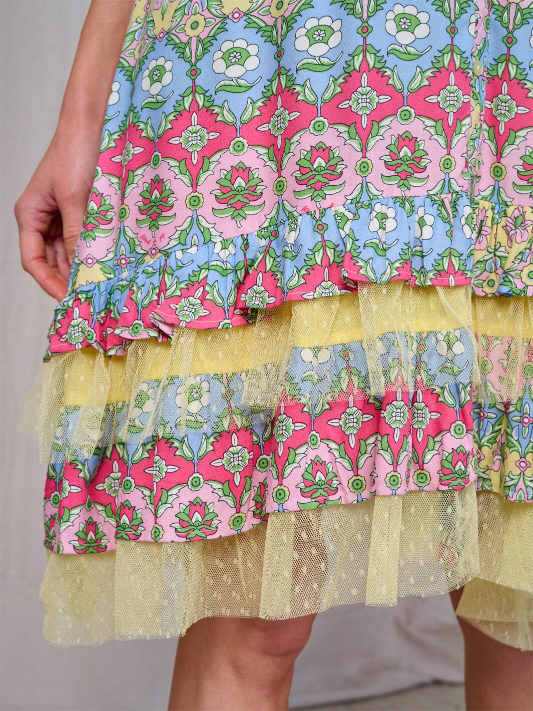WOMEN'S SHORT SLEEVE BUTTON UP TIERED FLORAL MINI DRESS