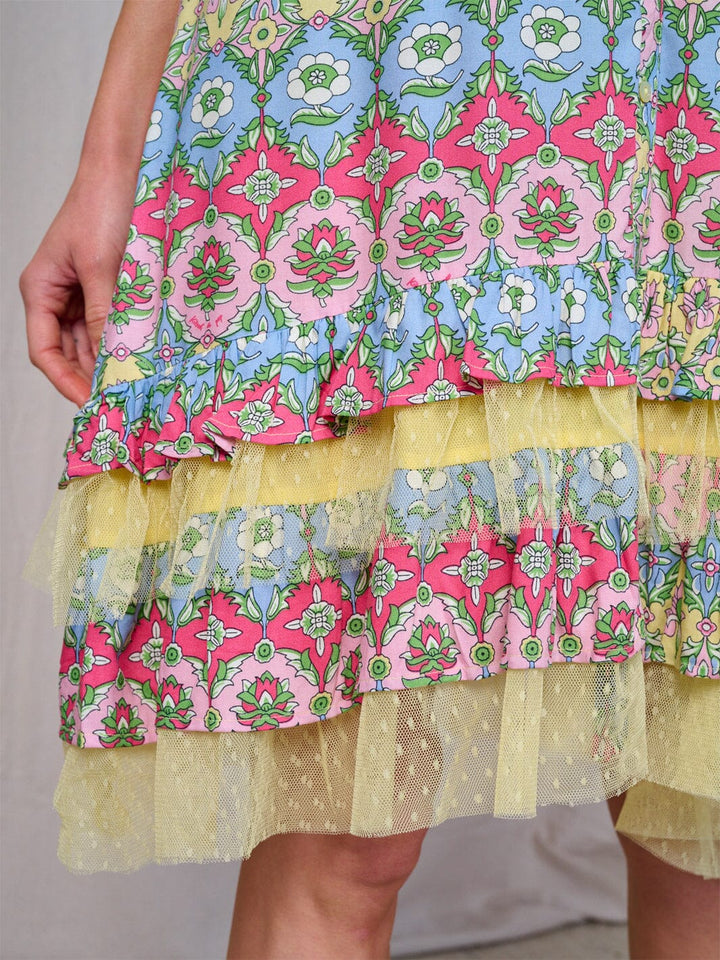 WOMEN'S SHORT SLEEVE BUTTON UP TIERED FLORAL MINI DRESS