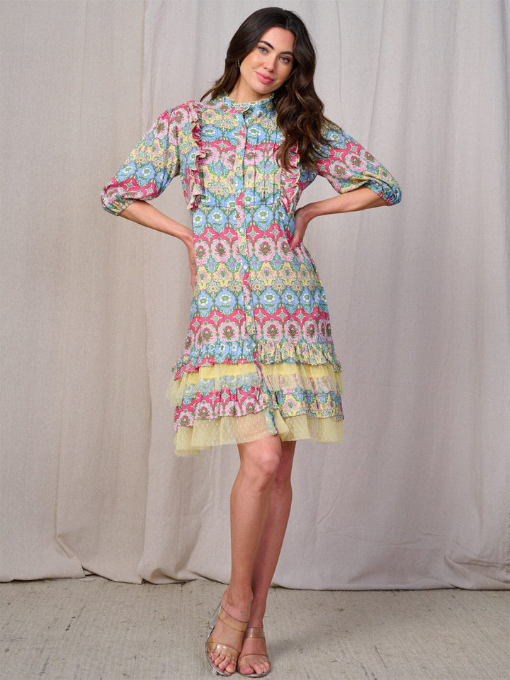 WOMEN'S SHORT SLEEVE BUTTON UP TIERED FLORAL MINI DRESS