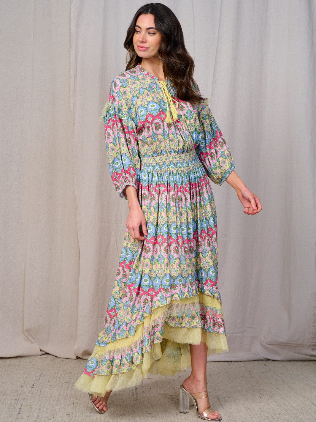 WOMEN'S 3/4 SLEEVE V-NECK HIGH-LOW FLORAL MAXI DRESS
