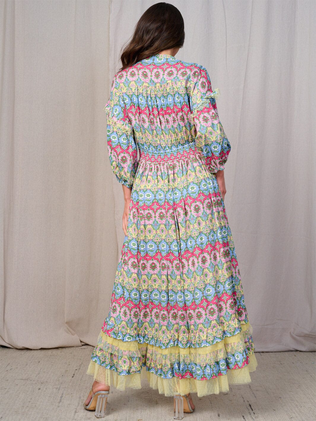 WOMEN'S 3/4 SLEEVE V-NECK HIGH-LOW FLORAL MAXI DRESS