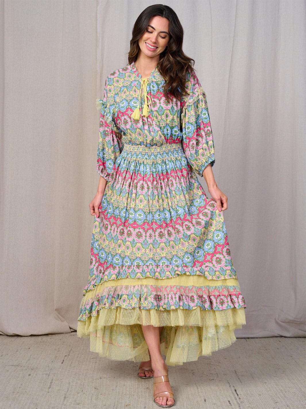WOMEN'S 3/4 SLEEVE V-NECK HIGH-LOW FLORAL MAXI DRESS