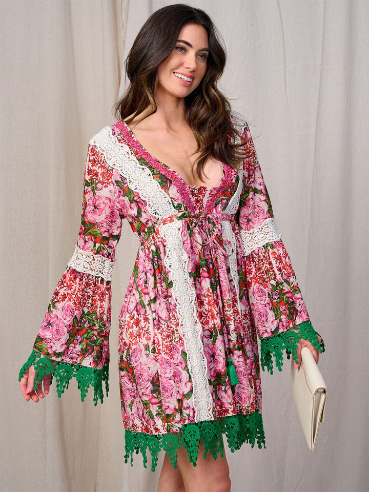 WOMEN'S LONG BELL SLEEVE V-NECK TRIM DETAILED FLORAL MINI DRESS