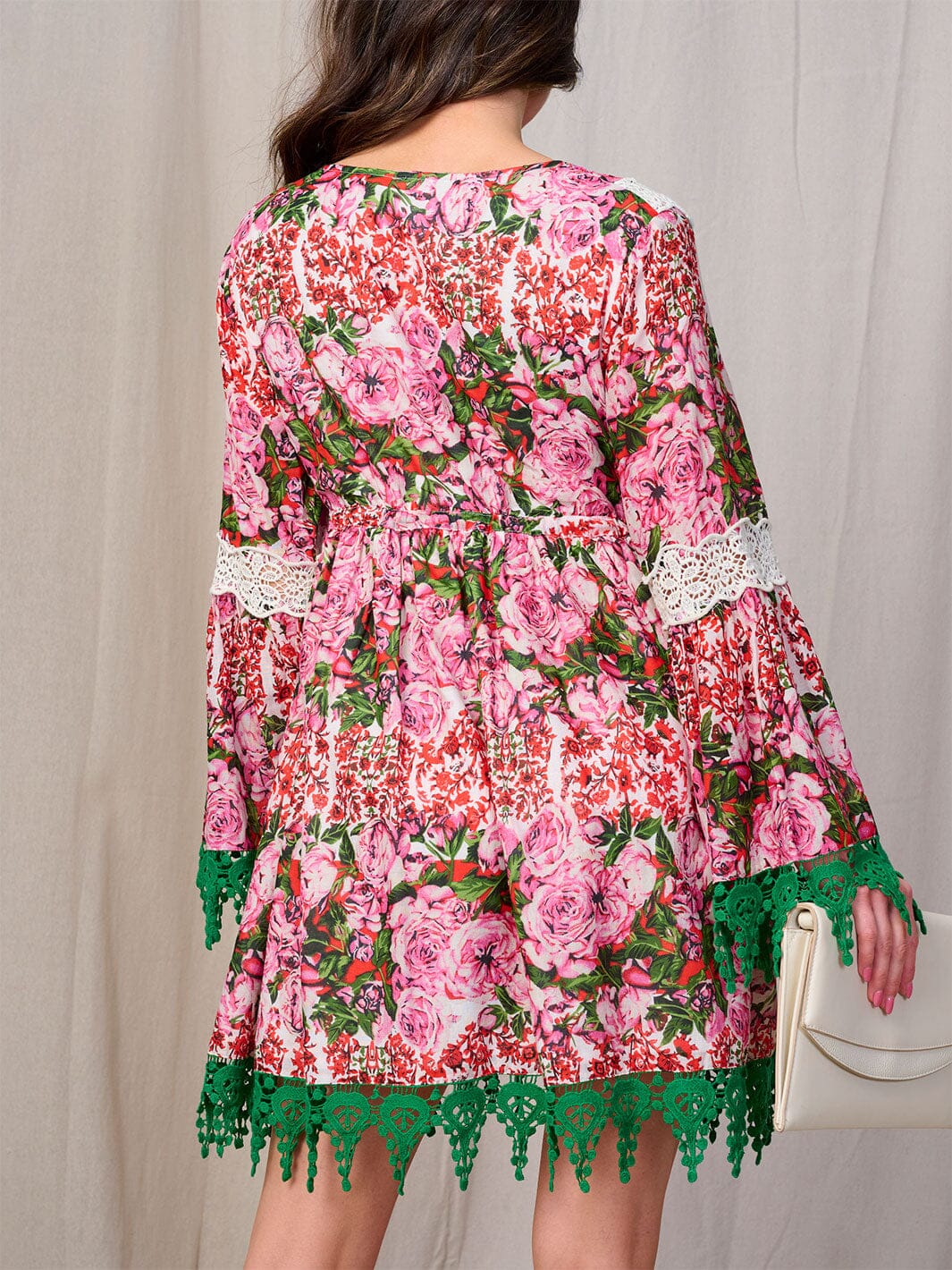 WOMEN'S LONG BELL SLEEVE V-NECK TRIM DETAILED FLORAL MINI DRESS
