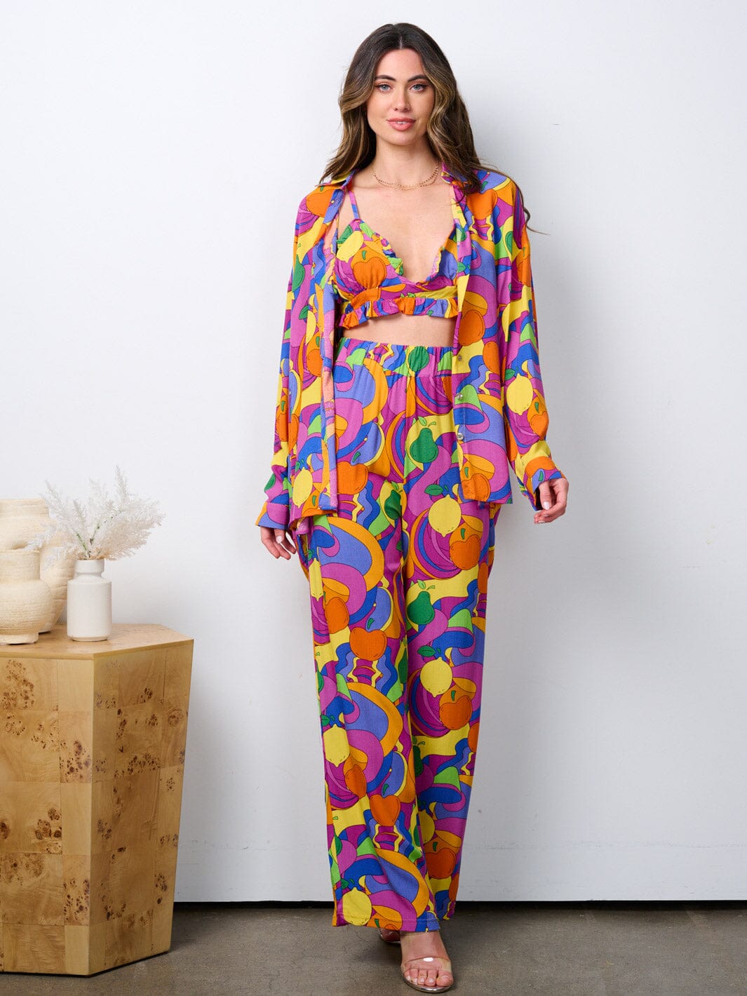 WOMEN'S BRALETTE WITH LONG SLEEVE BUTTON UP TOP & PANTS PRINTED 3PC. SET