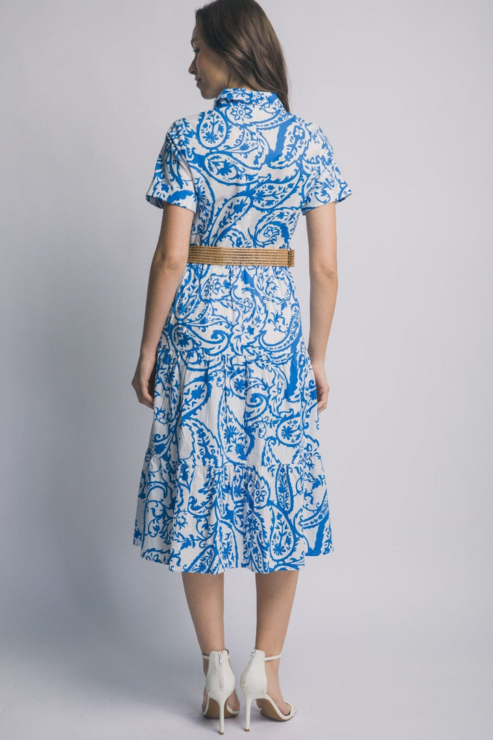 WOMEN'S SHORT SLEEVE BUTTON UP BELTED TIERED MULTI PRINT MIDI DRESS