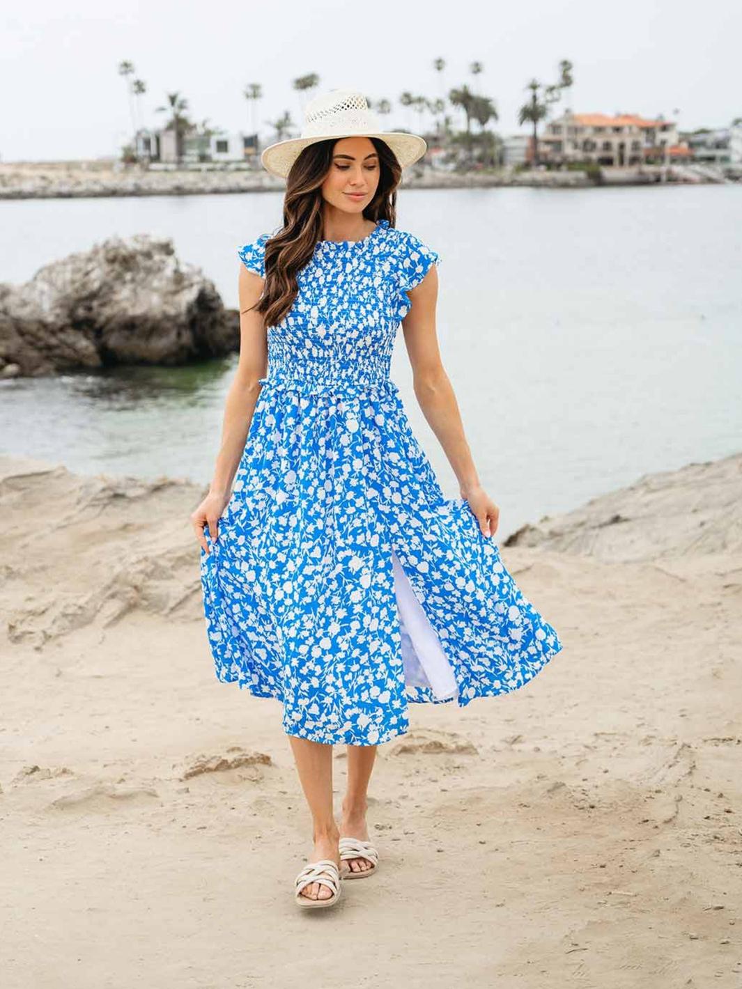 WOMEN'S SLEEVELESS MOCK NECK SMOCK FLORAL MIDI DRESS