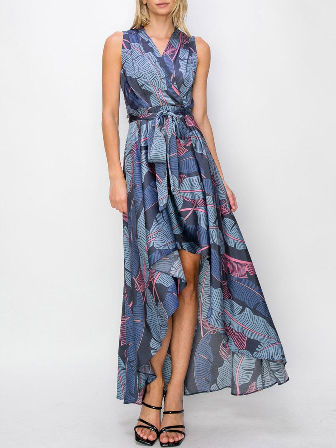 WOMEN'S SLEEVELESS LEAF PRINT SURPLICE HIGH-LOW MAXI DRESS