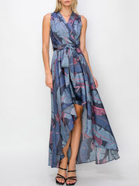 WOMEN'S SLEEVELESS LEAF PRINT SURPLICE HIGH-LOW MAXI DRESS