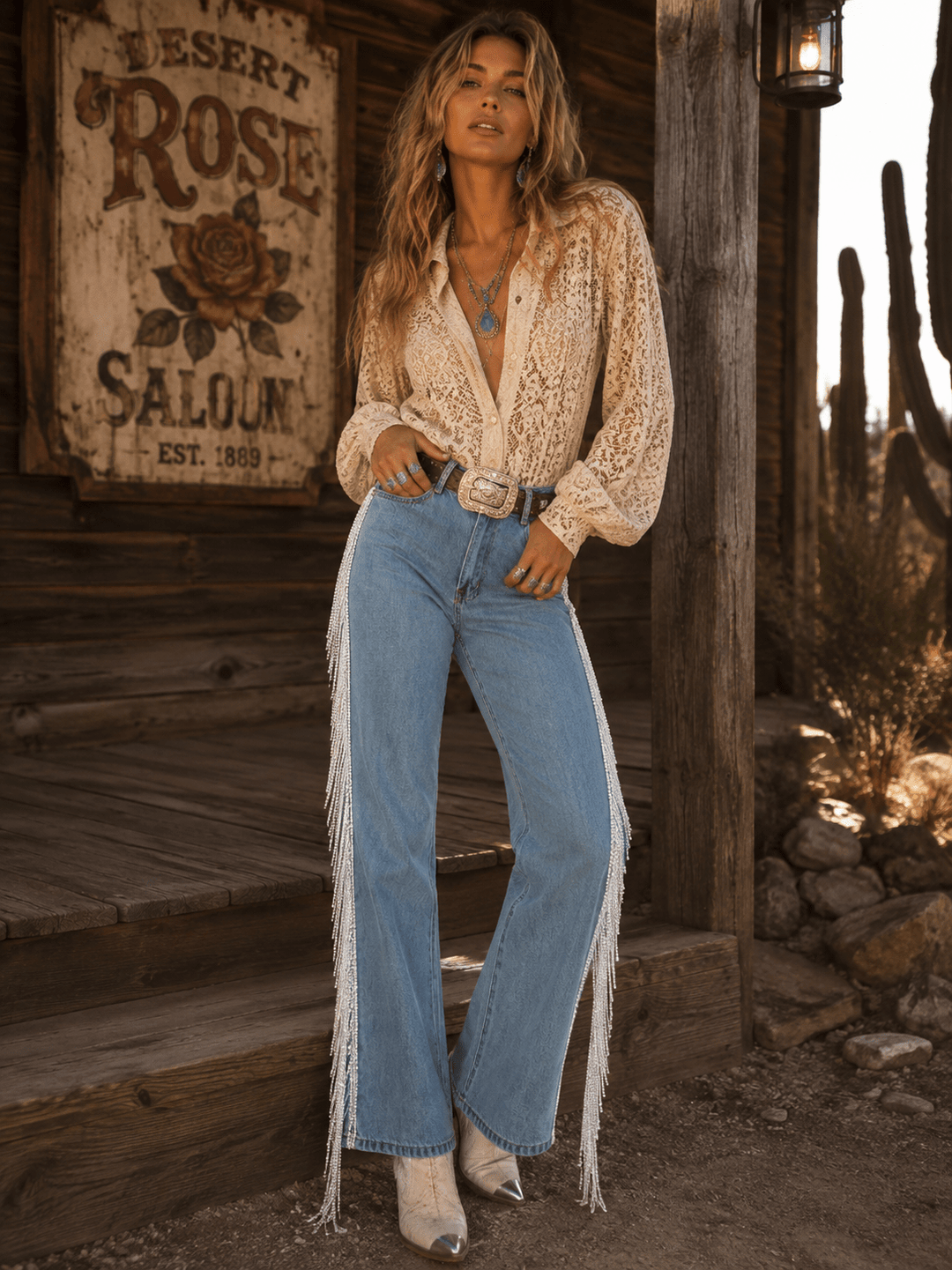 WOMEN'S BUTTON CLOSURE POCKETS RHINESTONES FRINGE DENIM STRAIGHT LEG PANTS