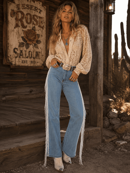 WOMEN'S BUTTON CLOSURE POCKETS RHINESTONES FRINGE DENIM STRAIGHT