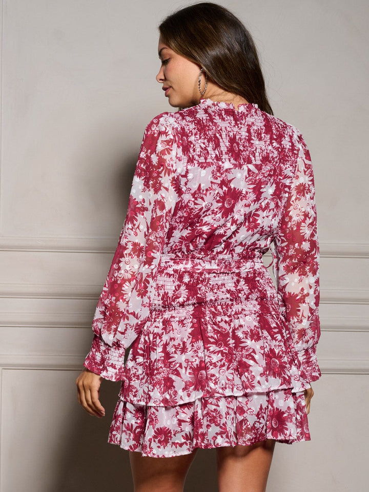 WOMEN'S LONG SLEEVE SELF TIE TIERED FLORAL MINI DRESS
